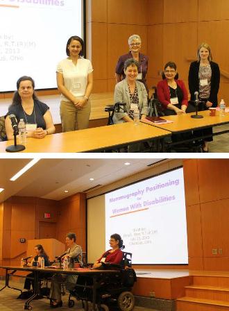 Top: Panelists pose with event facilitators and guest speaker, Edna Marr (back row, middle) following the training event. Bottom: Women with disabilities led a panel discussion on ways to improve the mammography experience.